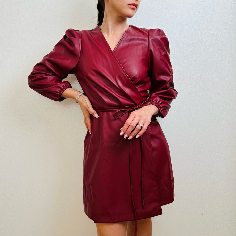 New BCBG Paris Mini Wrap Dress Bordeaux Faux Leather - Picture 2 of 11